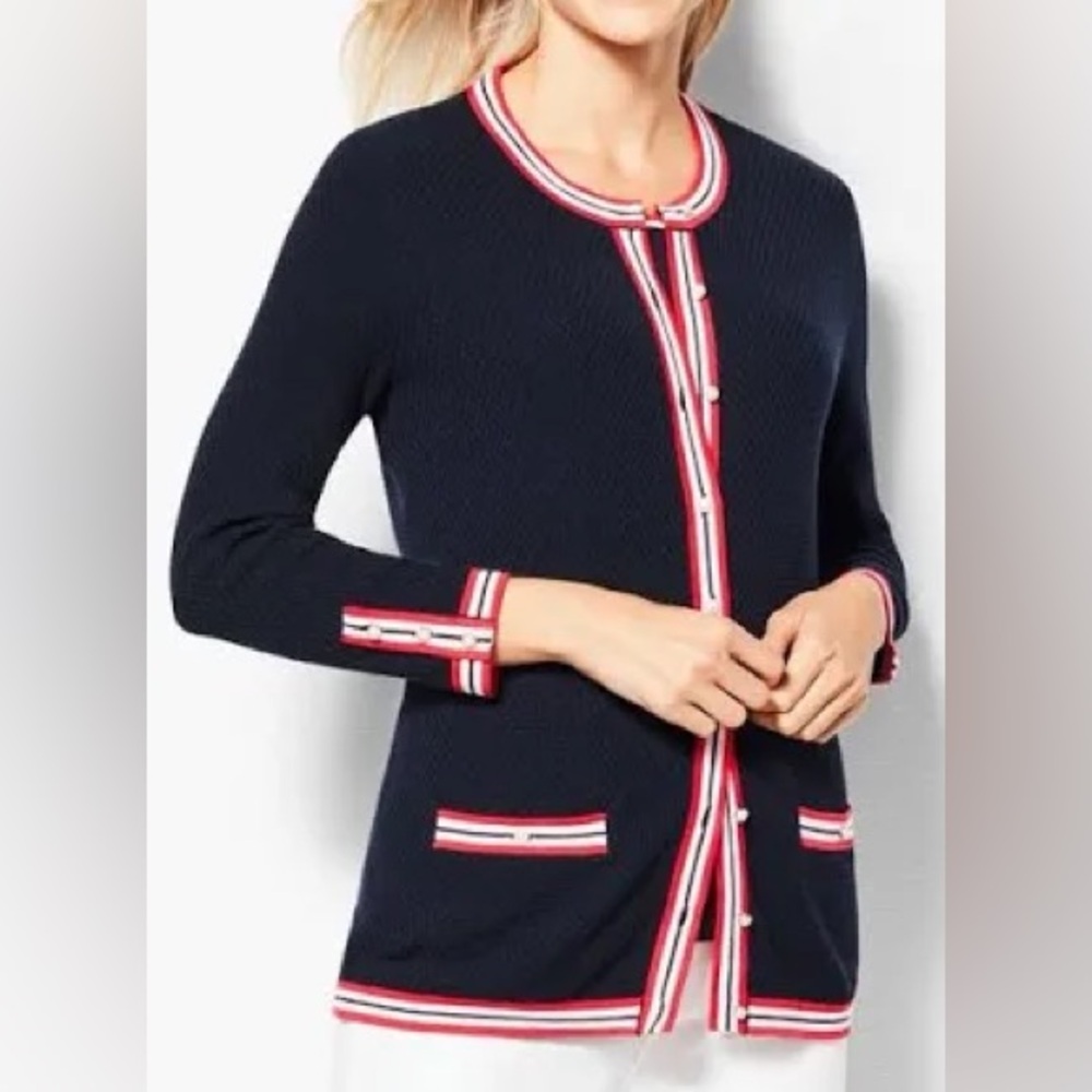 Talbots Navy Blue Cardigan with Red and White Trim SP- MP